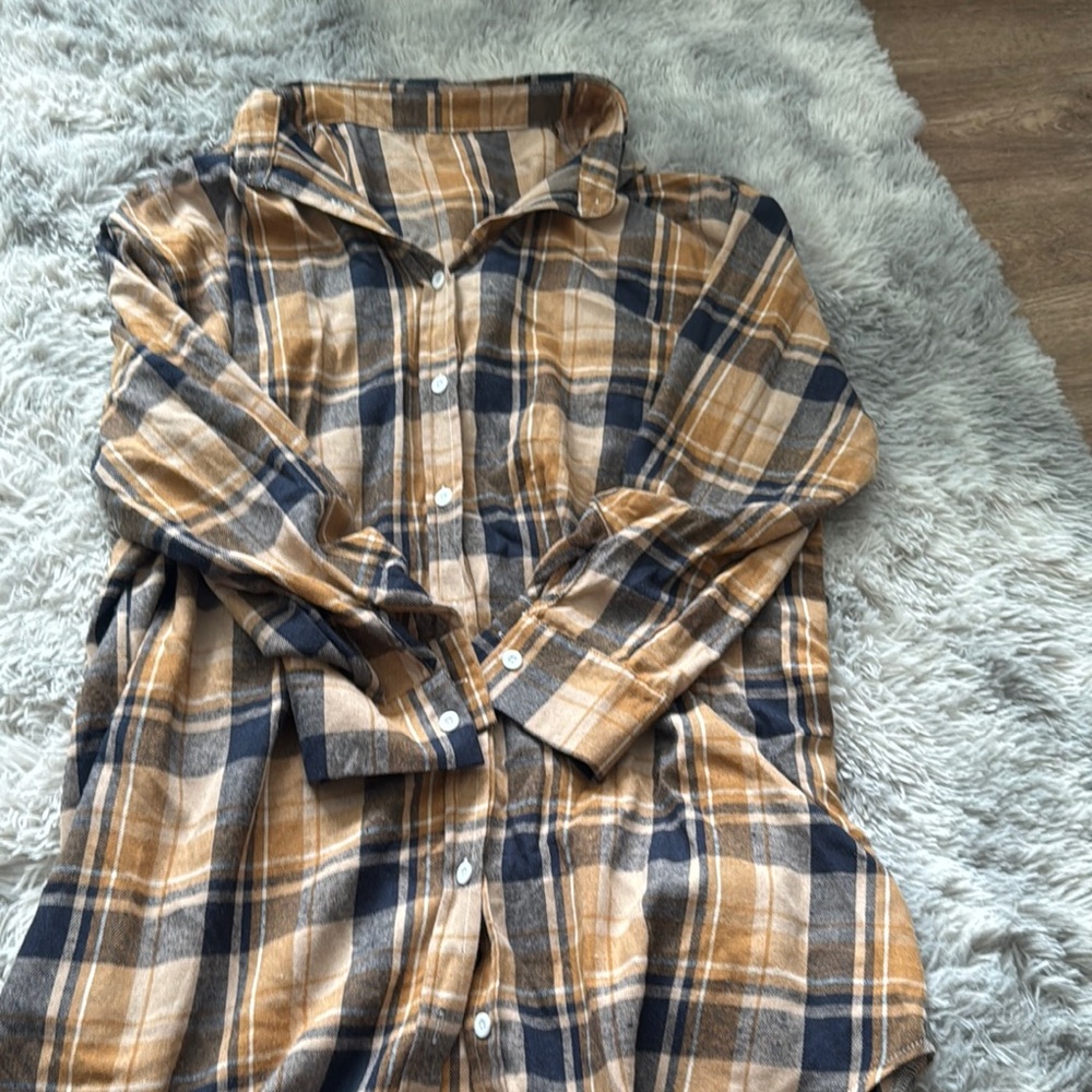 Tan and Blue Casual Button Down dress with Plaid Design